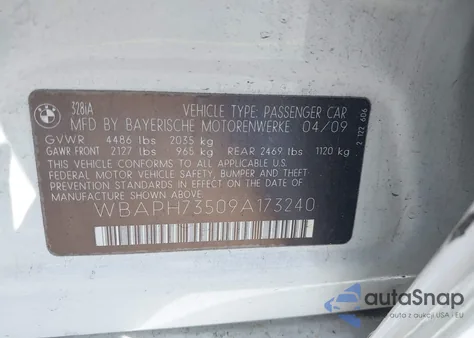 2009 BMW 328I из США, поврежденный, VIN WBAPH73509A173240